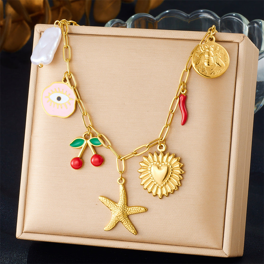 Fashion Cartoon Fruit Cherry Oil Drop Pendant Love Eyes Starfish Stainless Steel Chain Women'S Necklace