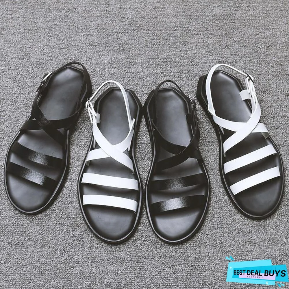 Men's Pu Leather Sandals Shoes Flat Beach Sandals