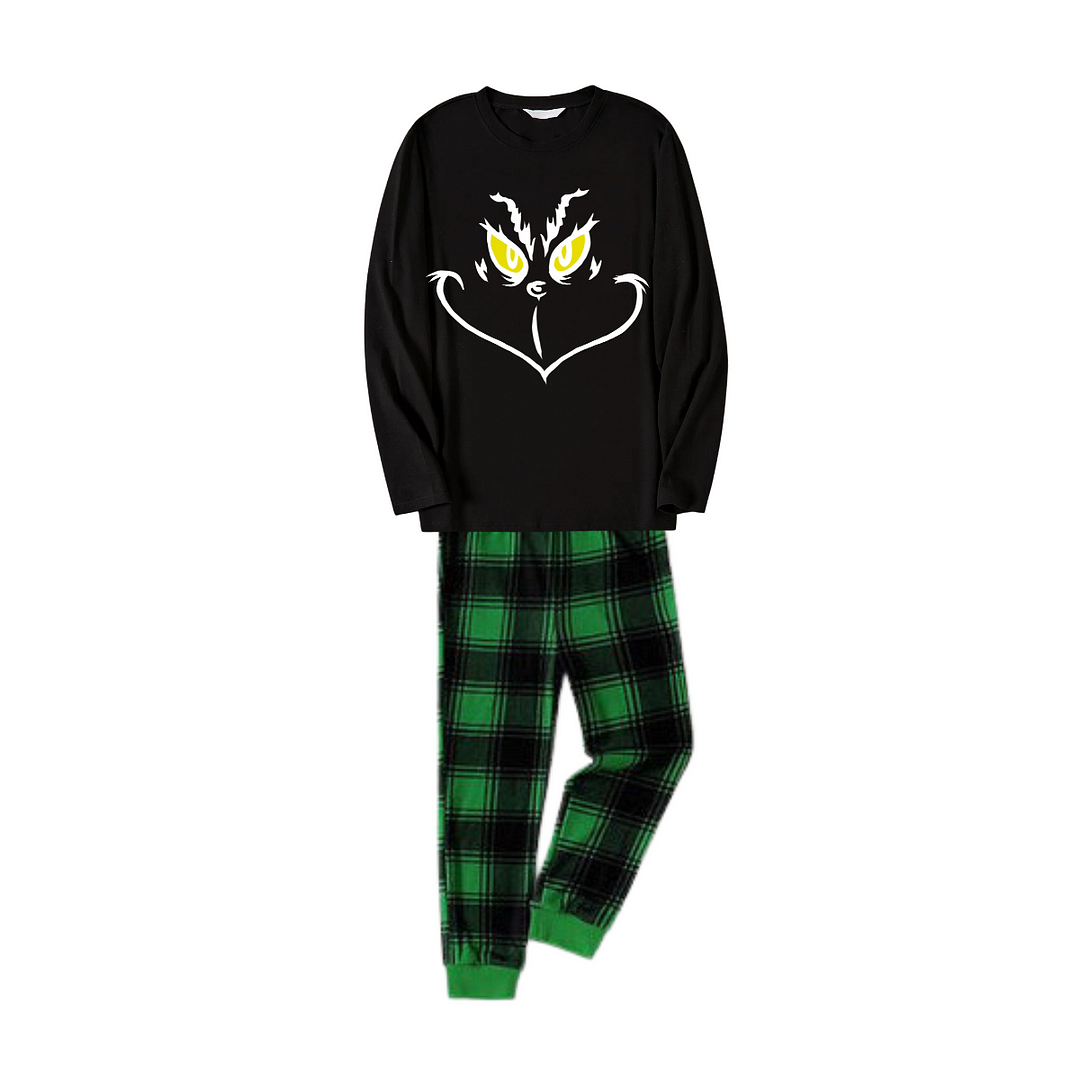 Christmas Cartoon Face Print Black Long Sleeve Top with Green and Black Plaid Family Matching Pajamas
