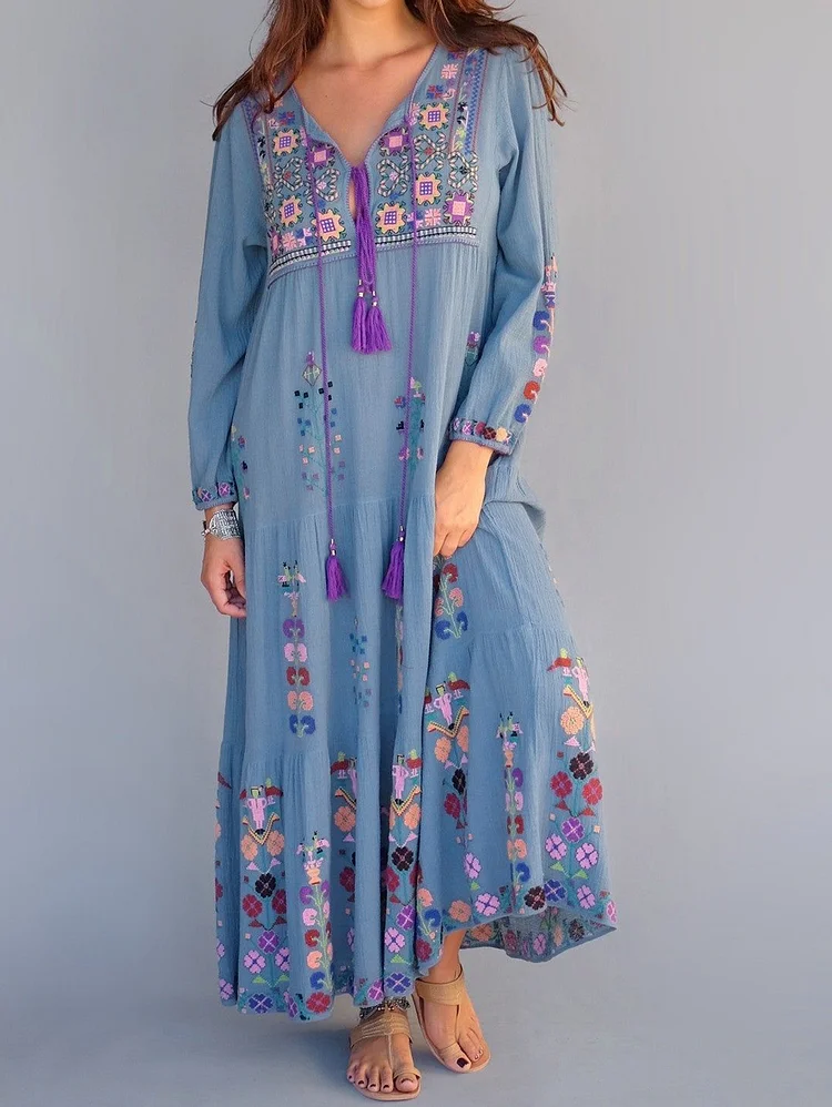 Casual Boho Patchwork Lace Up Drawstring Midi Dress