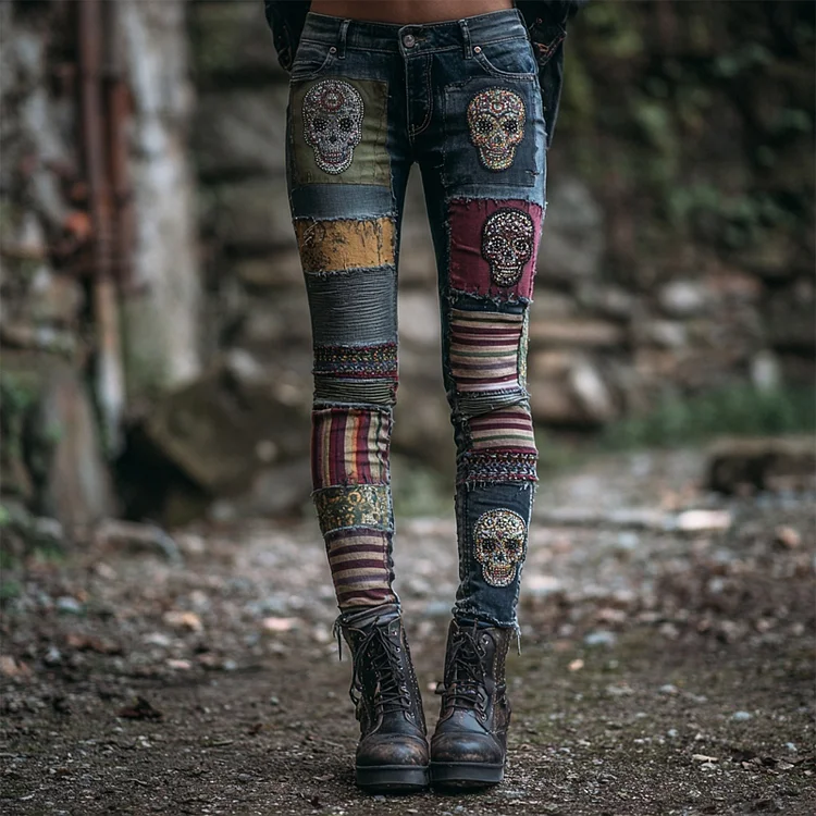 Halloween Skull Embroidered Vintage Patchwork Skinny Jeans