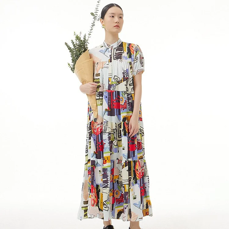 Fashion Loose Half Stand Collar Multicolor Graffiti Printed Short Sleeve Dress   