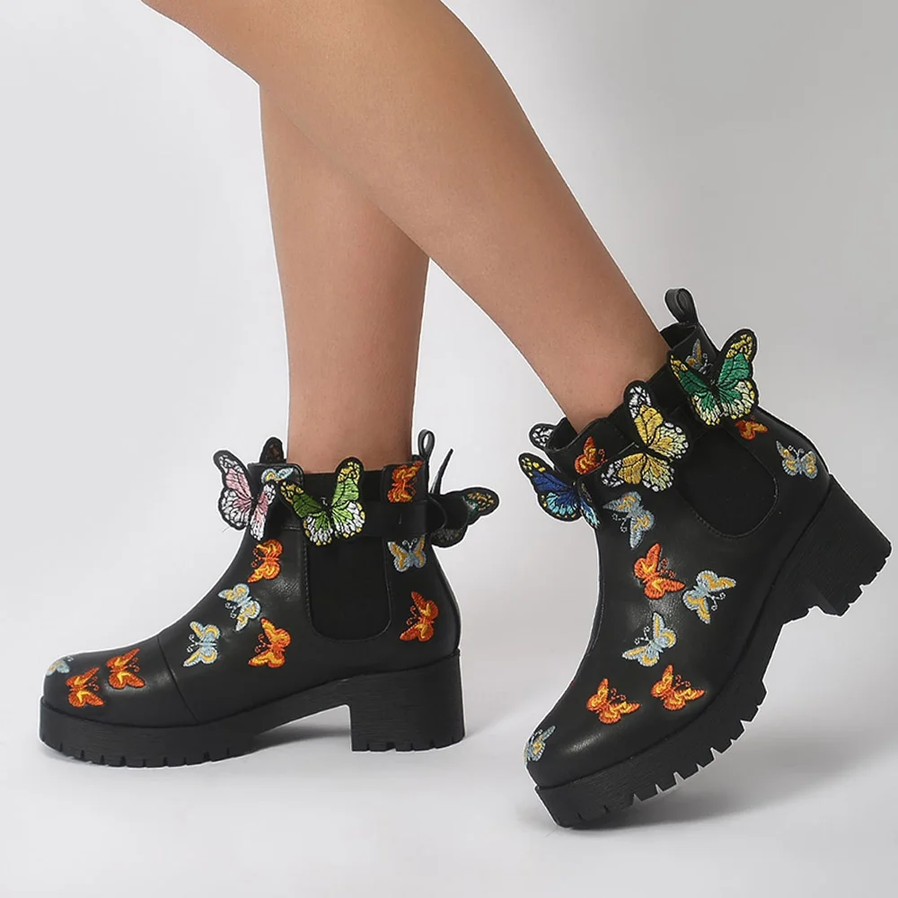 Black Round Chunky Lug Sole Boots Colored Butterflies Decors Ankle Boots Nicepairs