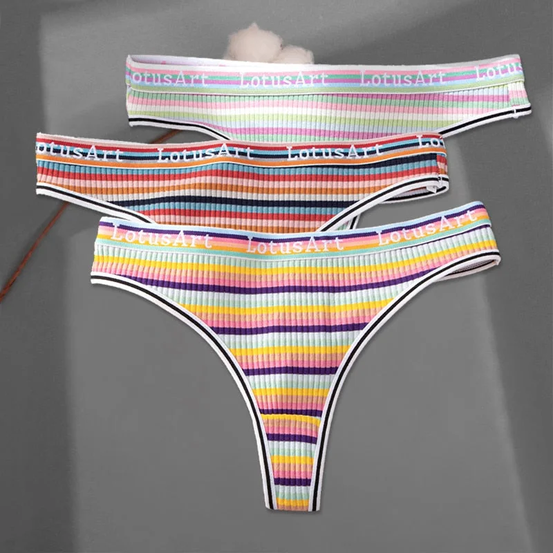 FINETOO 3Pcs/set Women Rainbow Thongs M-XL Cotton Panties Comfortable Striped T-Back Underwear Ladies Soft G-string Lingerie New