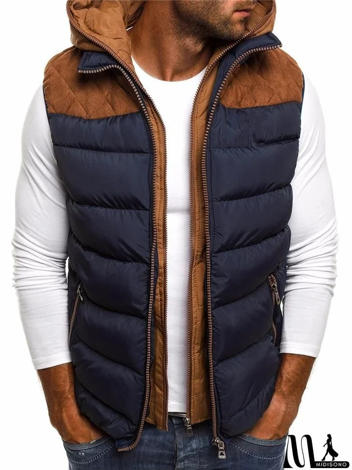 MidiSono - Mens Stylish Color Block Hooded Padded Vest