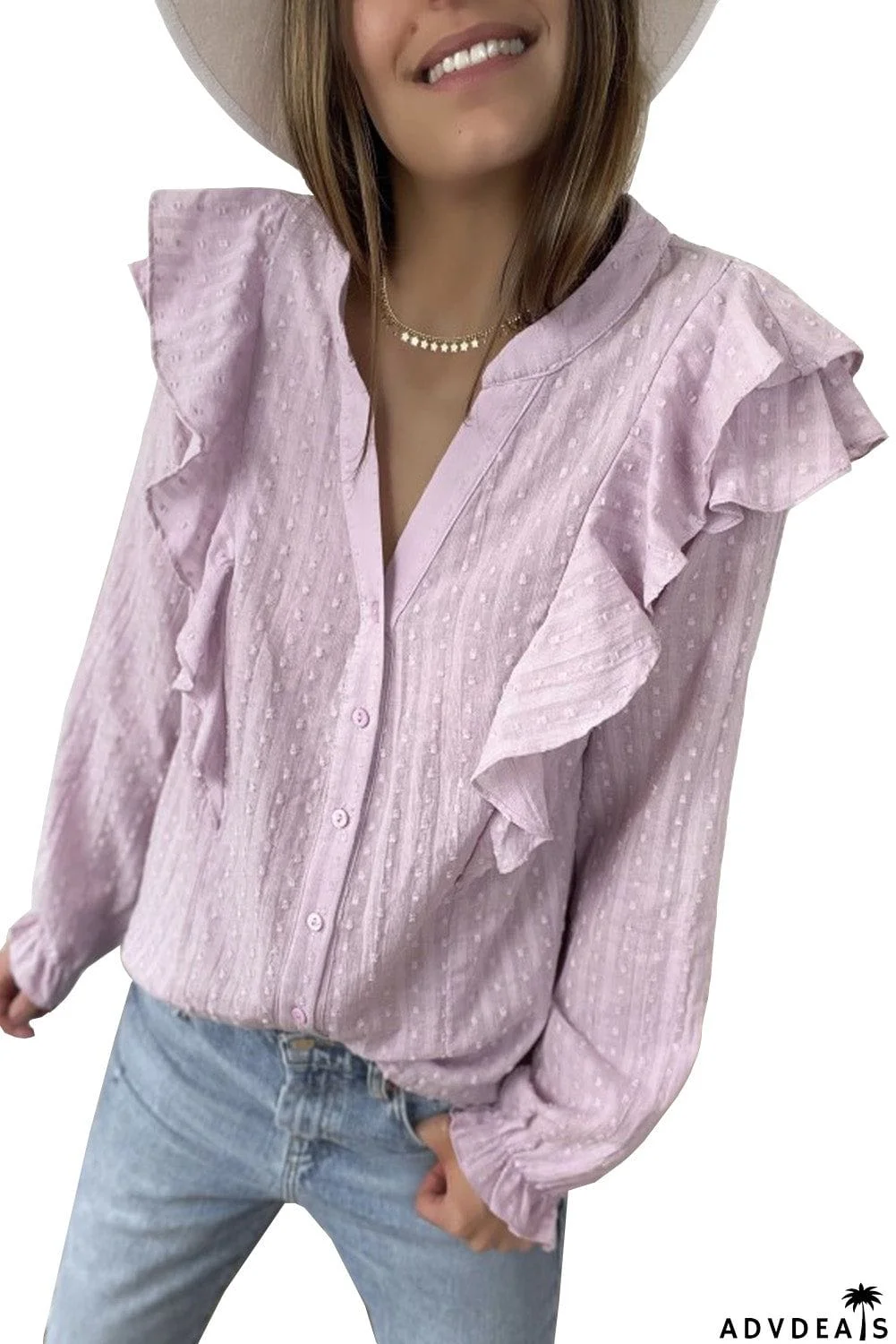 Dotted Texture Sheer Ruffles Bubble Sleeves Shirt