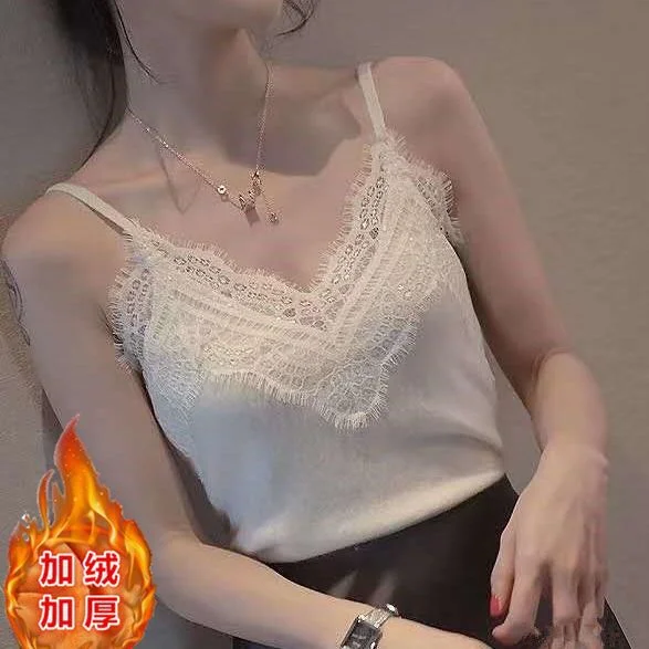 Uveng Uveng Sling Vest Women In Autumn With Velvet Thick Lace Knitted Bottom Shirt Sleeveless Top In Trend