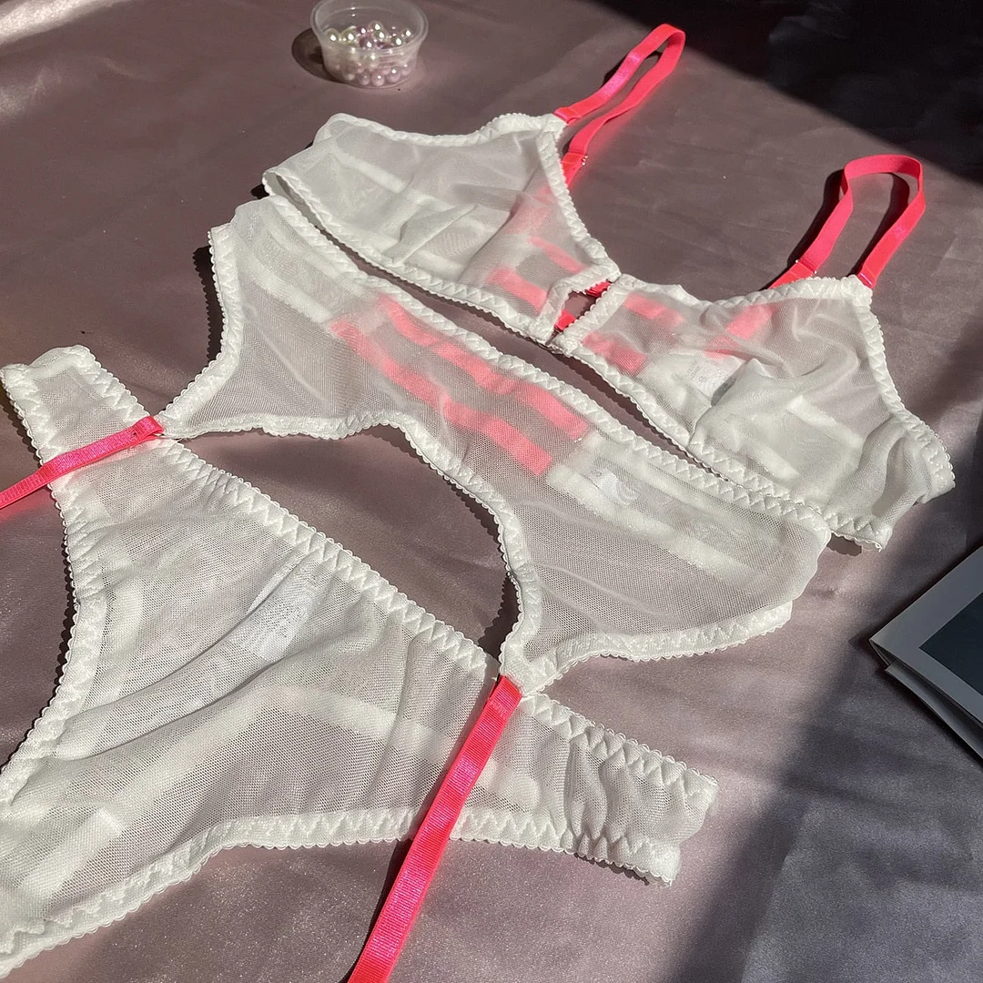 Yimunancy 3-Piece Mesh Bra Set Women Transparent Color Straps Underwear Set 2 Colors Sexy Lingerie Set