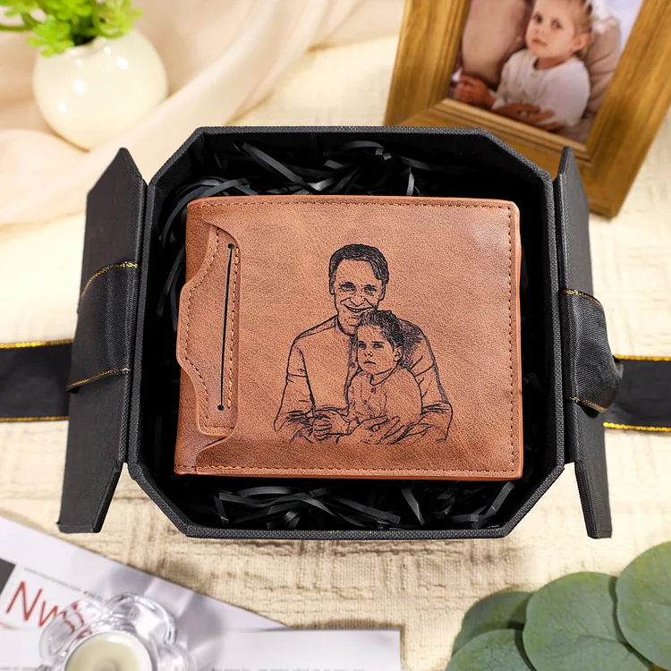 7 Names - Personalized Men Leather Wallet Custom Name & Photo Folding Wallet Fist Bump Wallet Gift for Dad