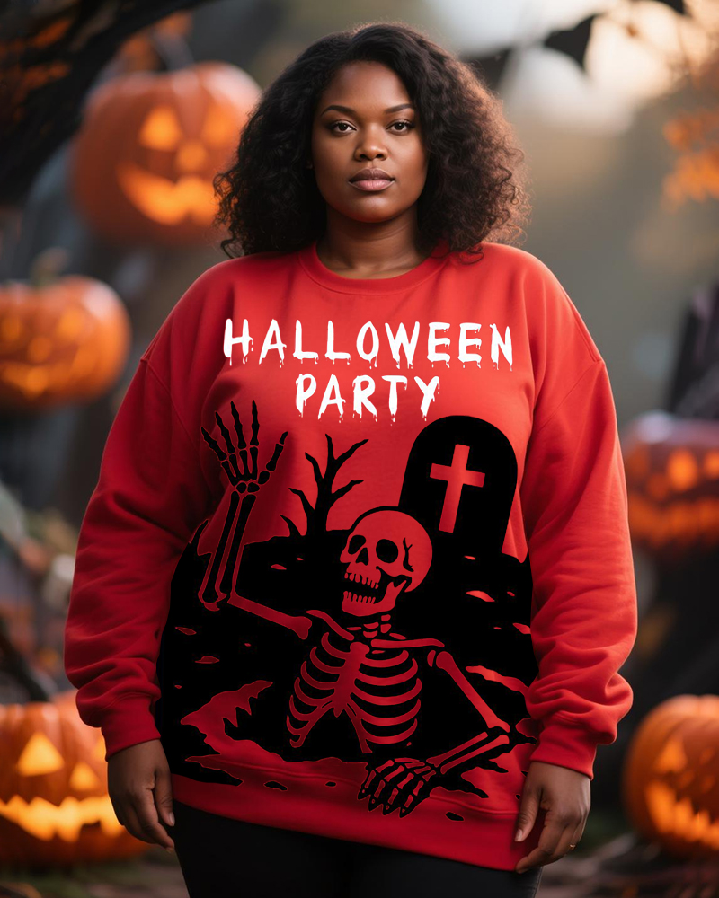 Women's Big And Tall Halloween Red Skull Alphabet Print Round Neck Sweats