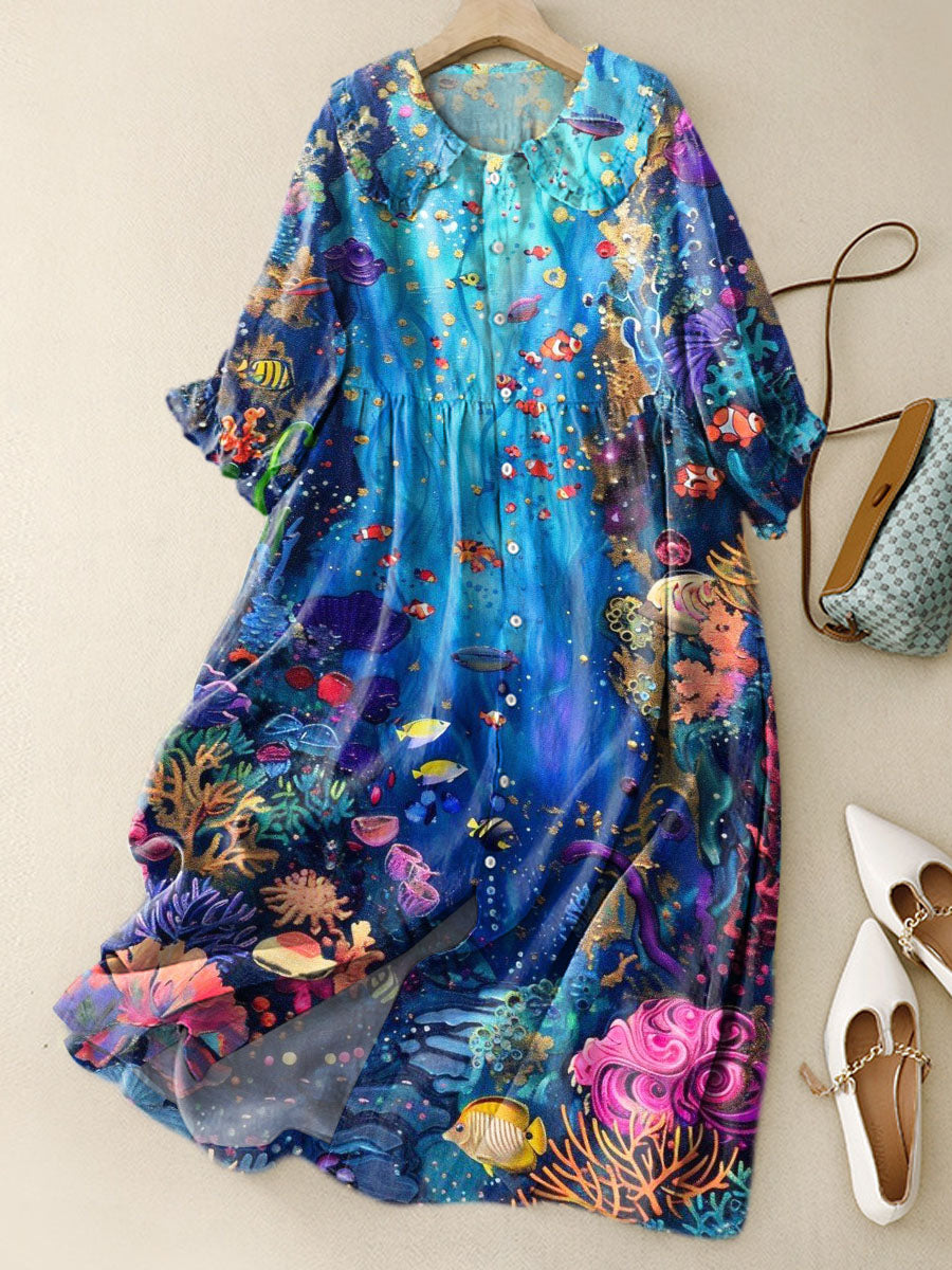 Women‘s Lovely Underwater World Pattern Art Print Peter Pan Collar Cotton Dress