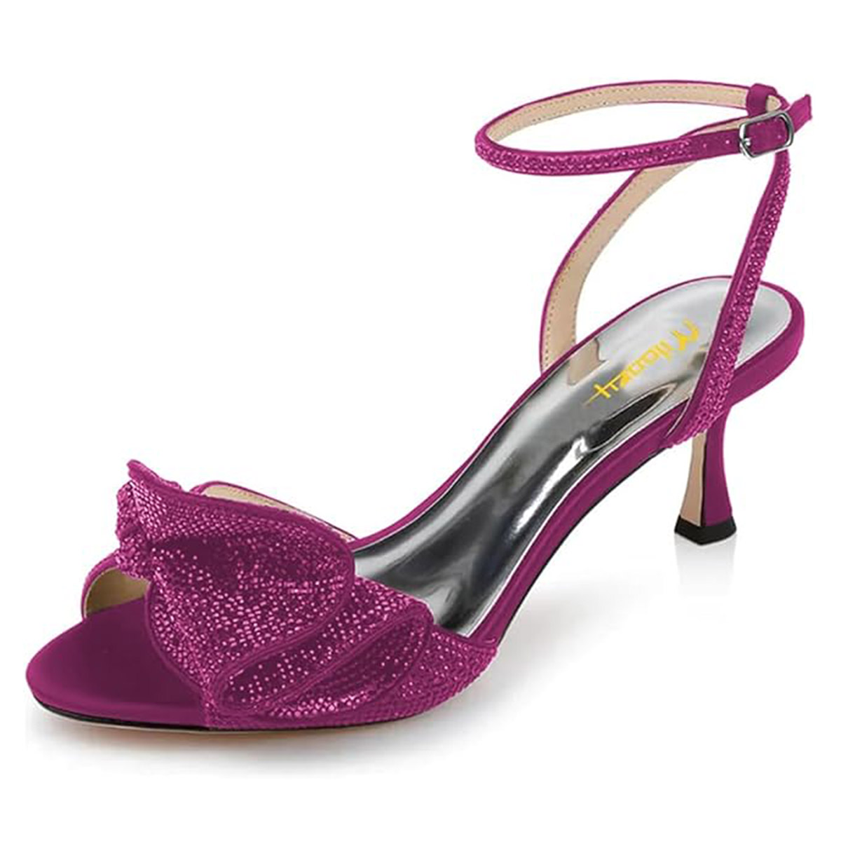 Purple Round Toe Rhinestone Ruffled Women's Sandals with Spool Heel Nicepairs
