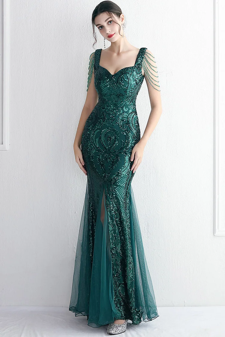 1920s Green Cocktail Party Beaded Sequin Mesh Chain Fishtail Maxi Dress
