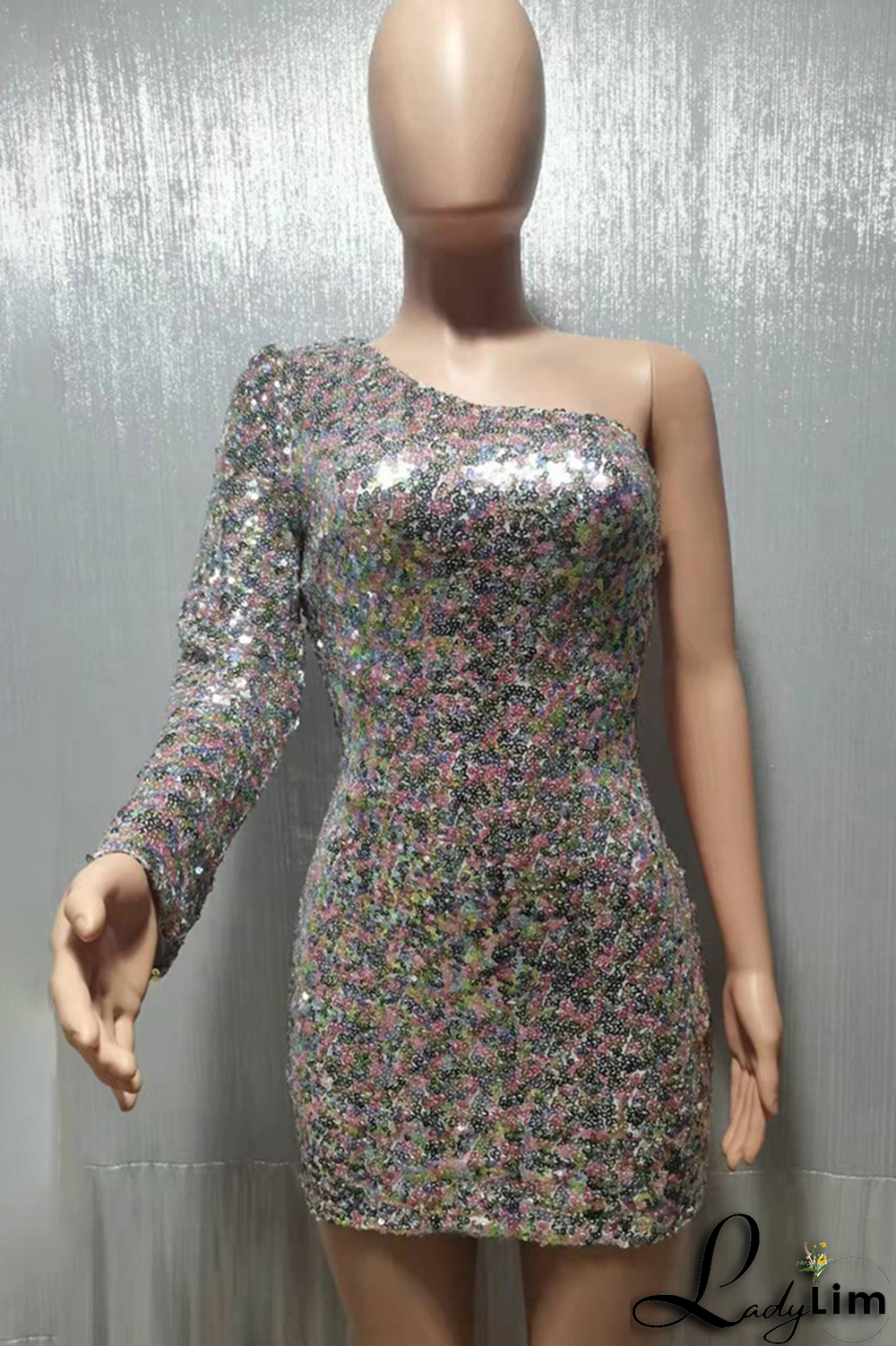 Black Fashion Patchwork Sequins One Shoulder Pencil Skirt Dresses