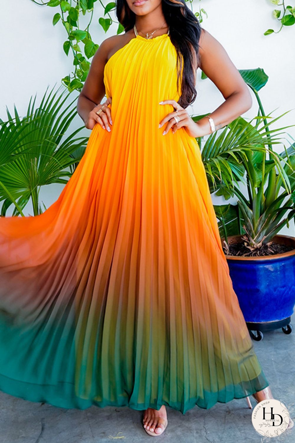 Yellow Sexy Casual Gradual Change Print Backless O Neck Sleeveless Dress