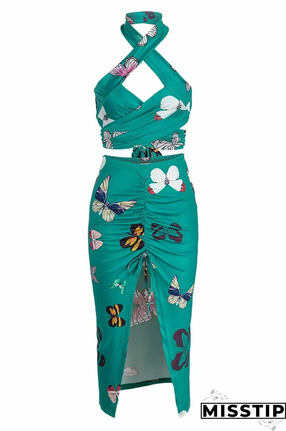 Leopard Print Fashion Street Print Patchwork Halter Sleeveless Two Pieces