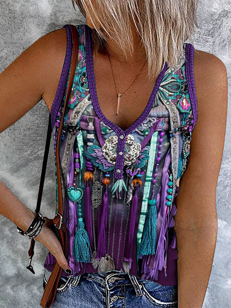 Comstylish Vintage Tassel Printed V-Neck Casual Tank Top
