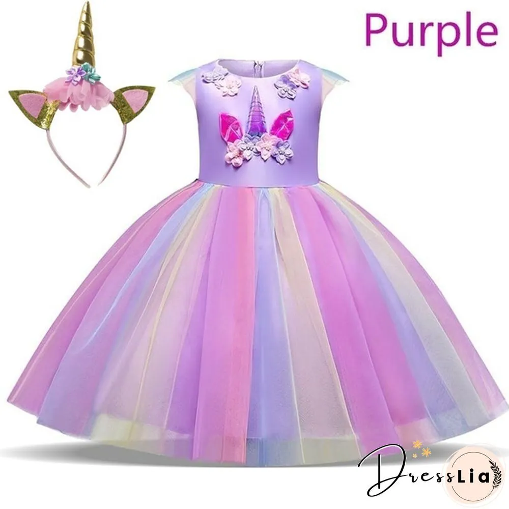 Summer Kids Girl Layered Tulle Unicorn Outfits Dress Headband for Carnival Halloween