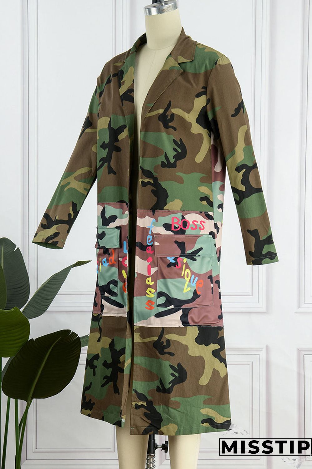 Camouflage Casual Street Print Camouflage Print Patchwork Turn-back Collar Outerwear