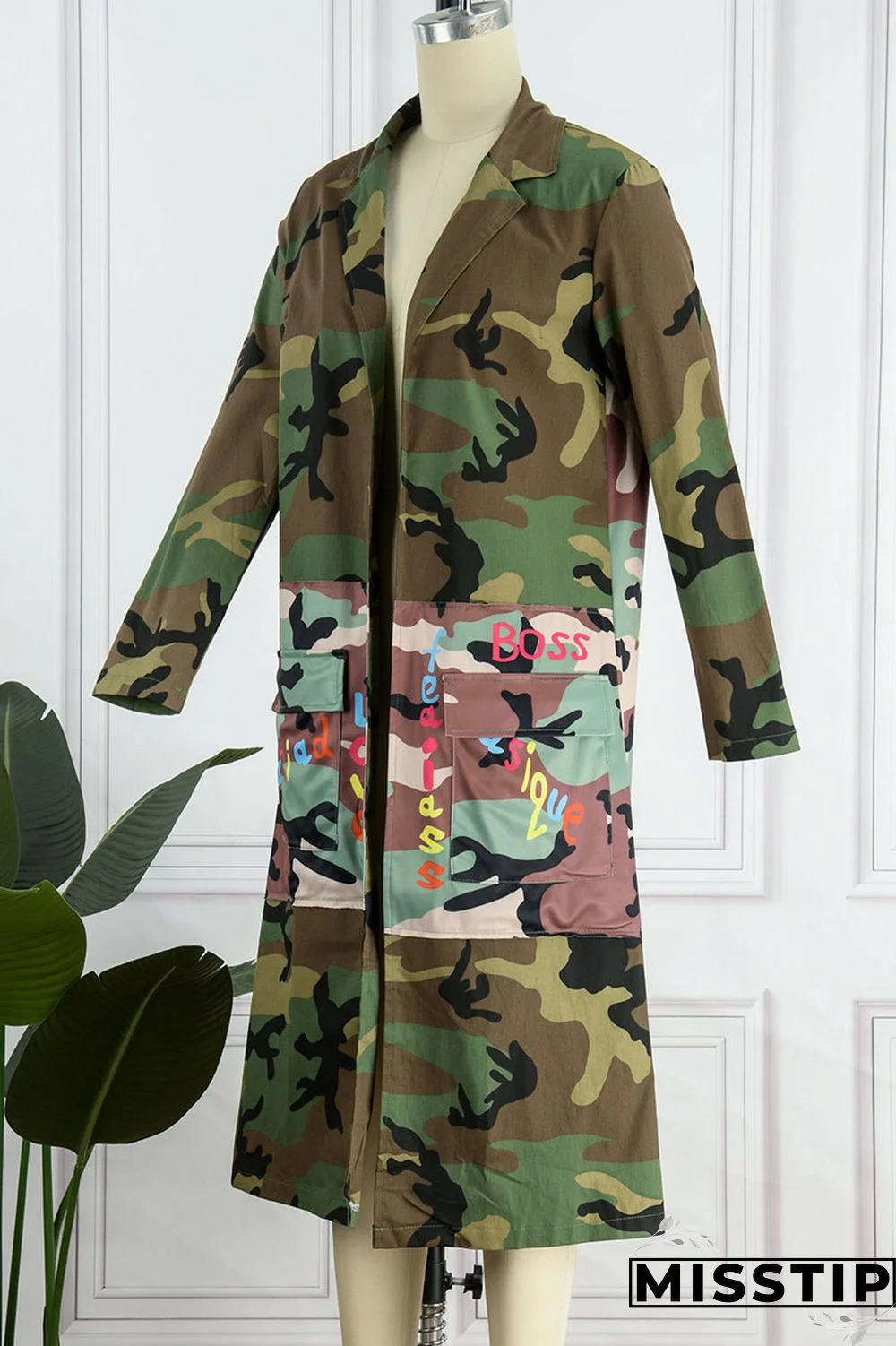 Camouflage Casual Street Print Camouflage Print Patchwork Turn-back Collar Outerwear