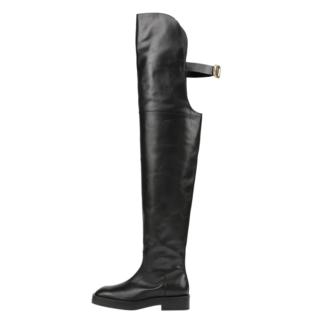 Black Round Toe Low Chunky Heel Cut Out Thigh High Boots with Buckle