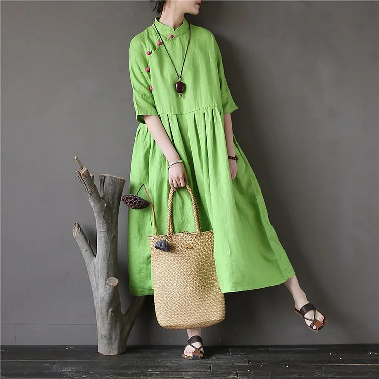 French half sleeve linen stand collar Long Shirts Sewing green Dress