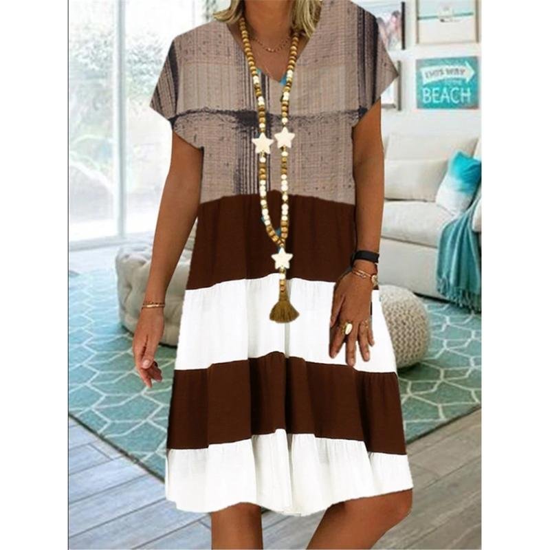 New Printed Multicolor Fashionable Short-sleeved V-neck Skirt - VSMEE