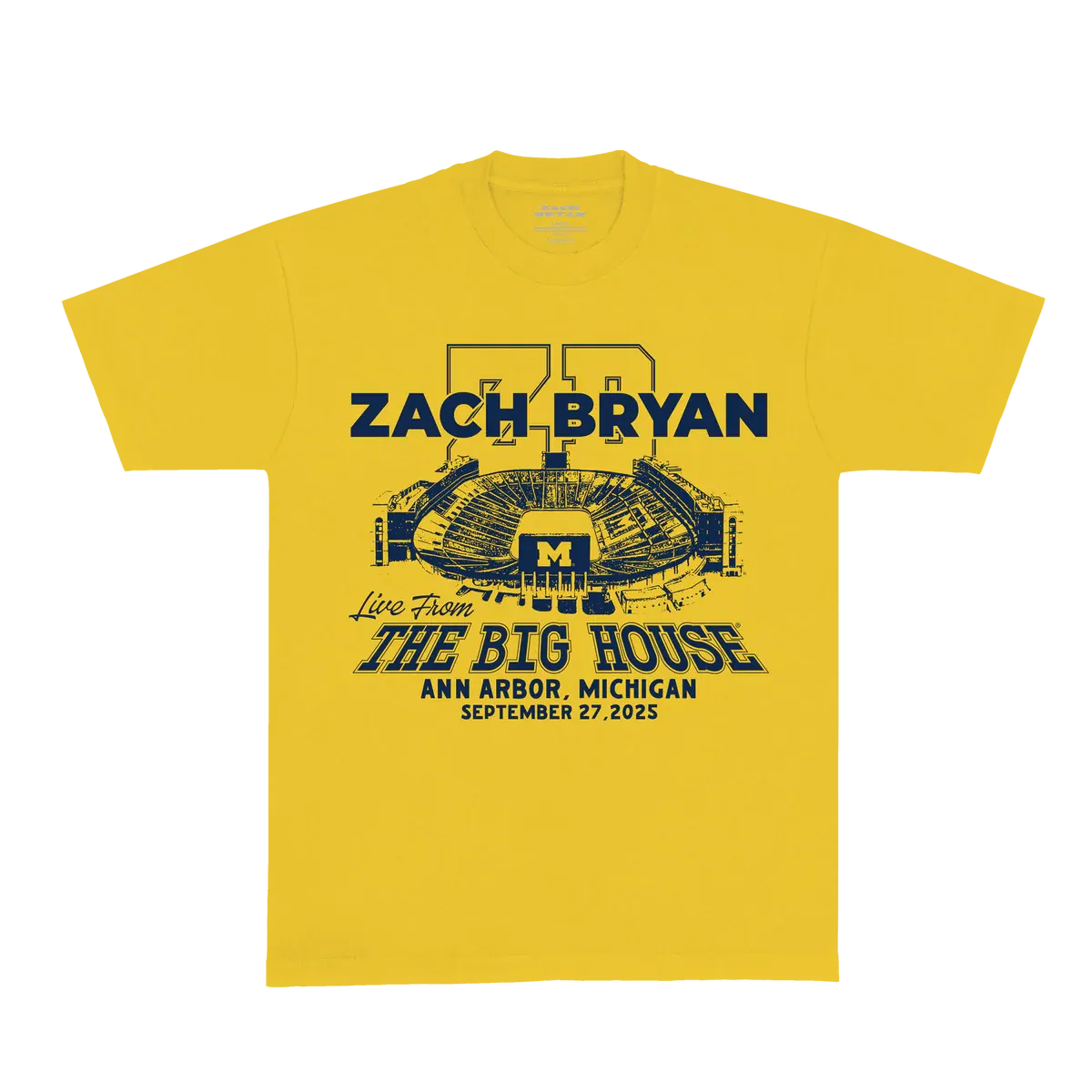 "Zach Bryan Big House Ann Arbor yellow T shirt with stadium graphic"