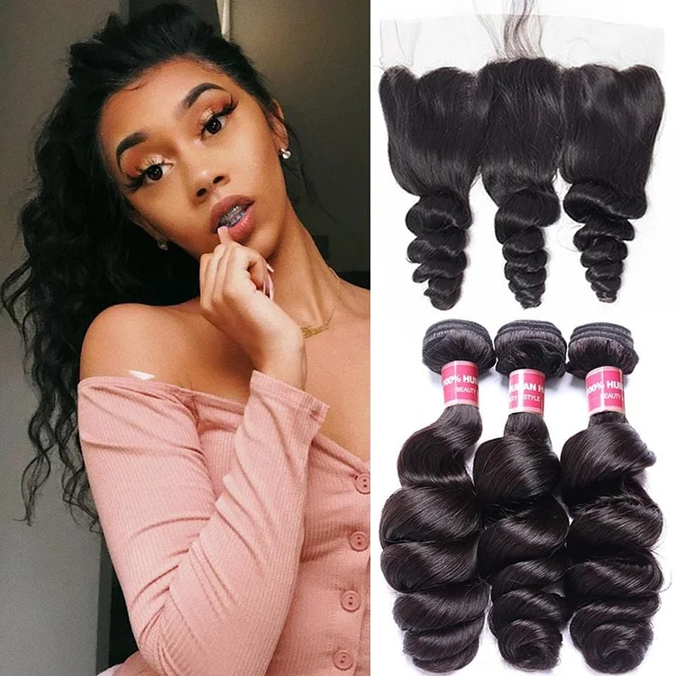Brazilian Loose Wave  3 Bundles with 13*4 Ear to Ear Lace Frontal Closure- Hair