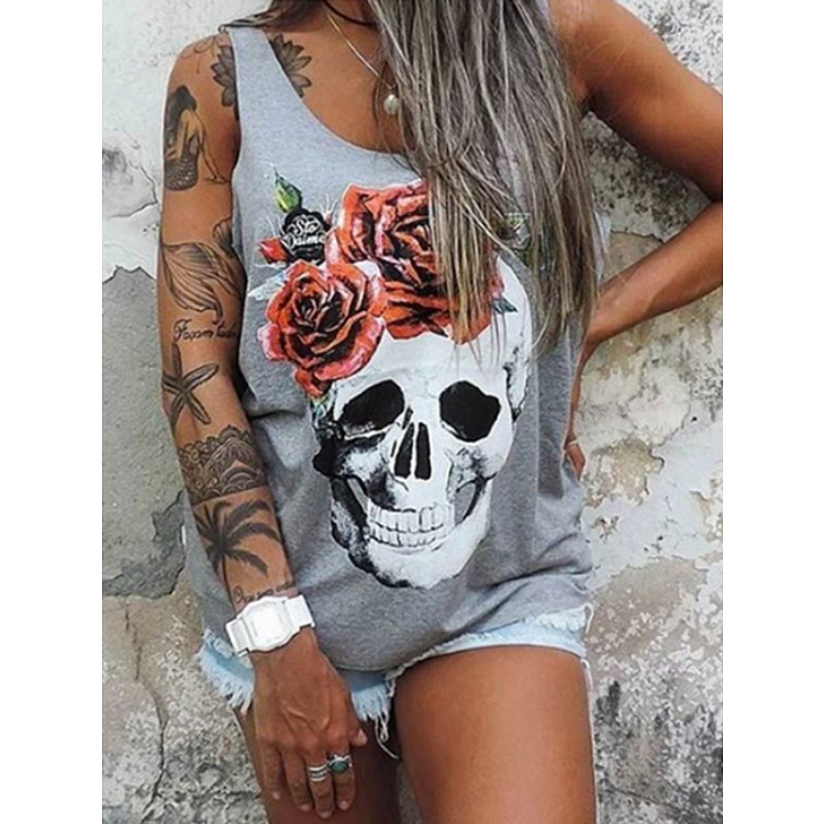 Women Punk Style Loose Halter Neck Sleeveless Skull Print Female Shirt socialshop