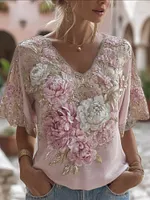 Bohème Pink And White Peony Embroidery Lightweight V-neck Short Sleeves