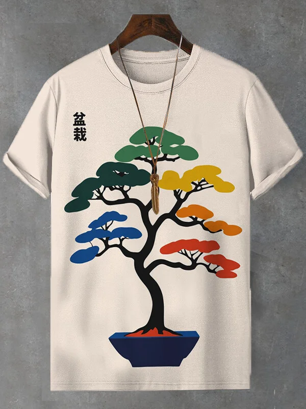 Men's Japanese Art Colorful Bonsai Print T-Shirt