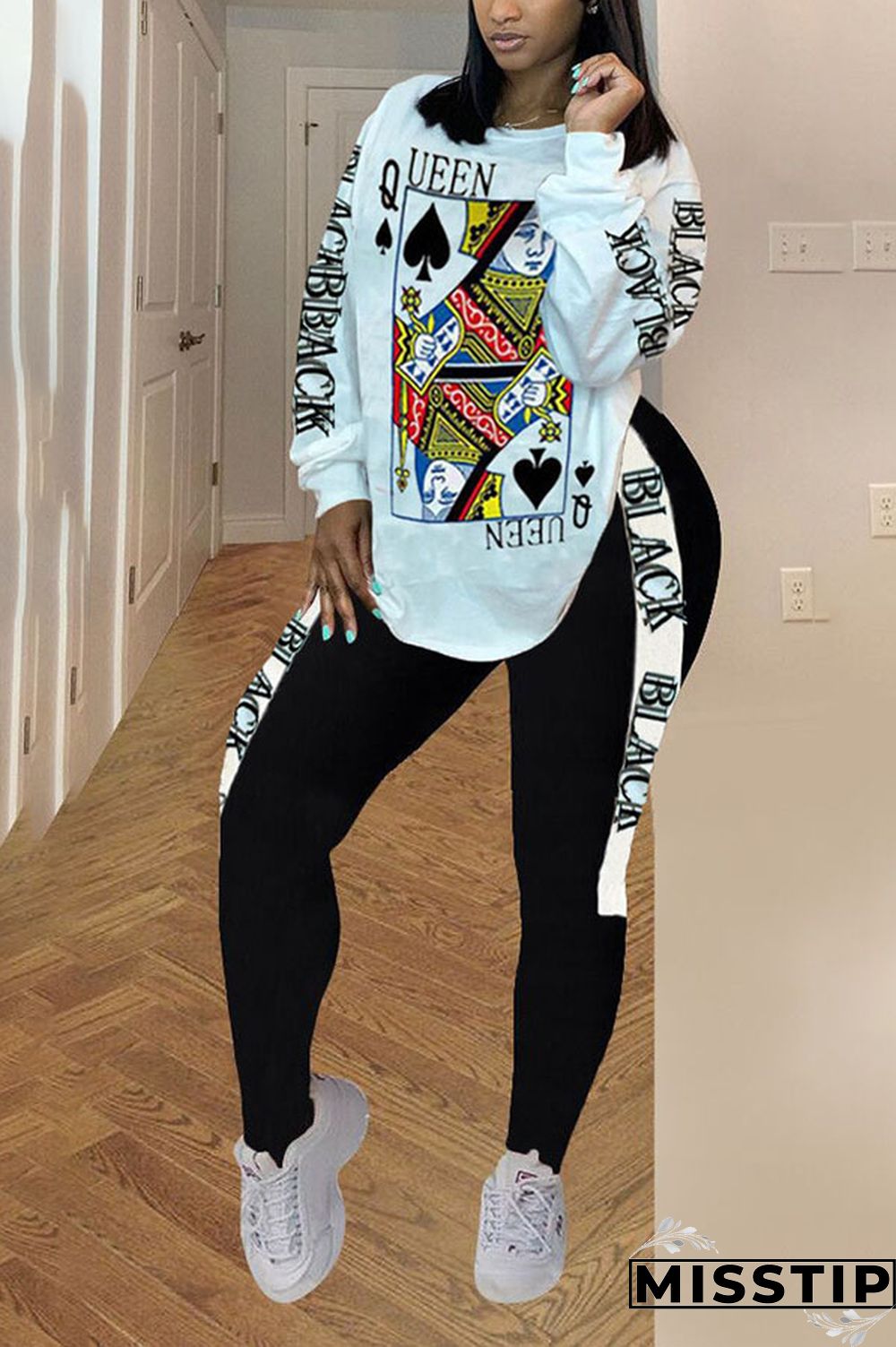 figure knit Casual Letter Print Newspaper pencil Long Sleeve Two Pieces