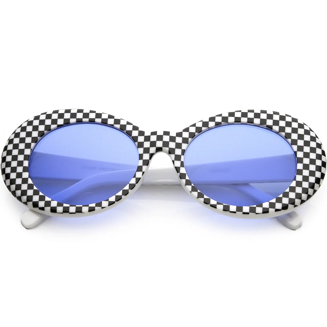 Large Retro Checkered Oval glasses Thick Frame Colored Lens Wide Arms 53mm