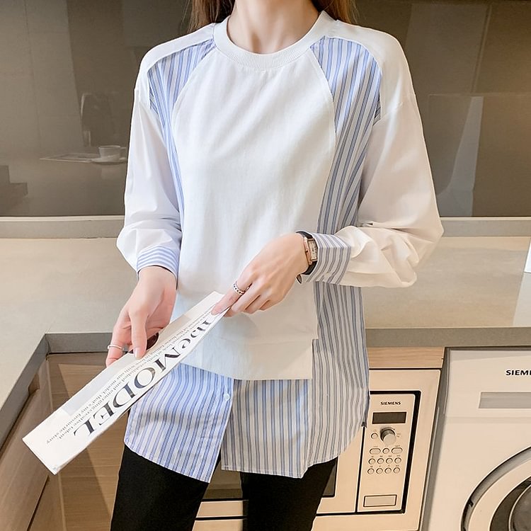 As Picture Shift Long Sleeve Striped Sweatshirt