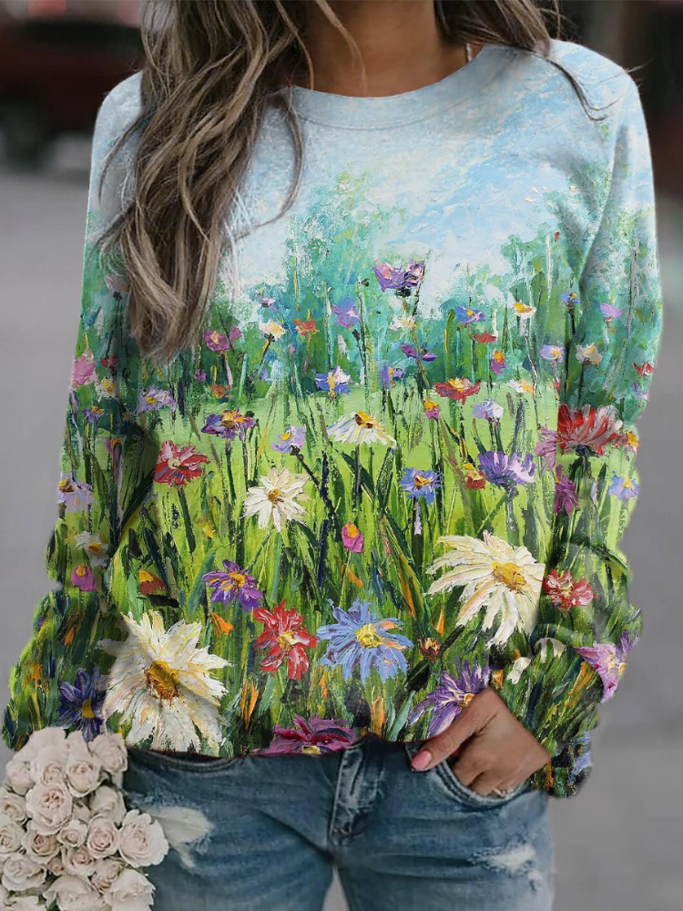 Daisies Oil Painting Comfy Sweatshirt wearshes