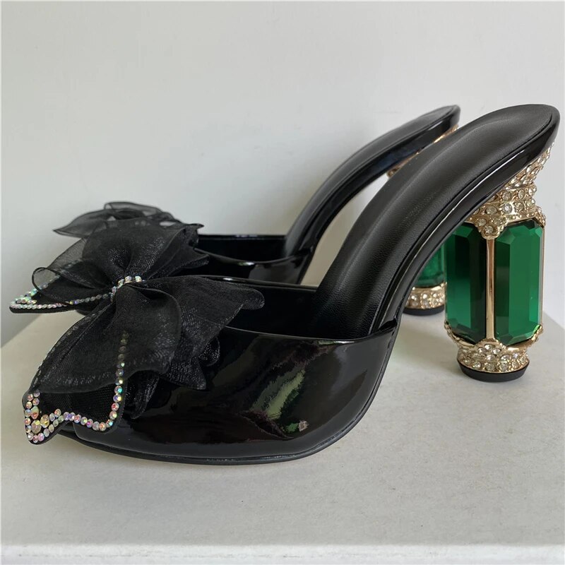 VCSHOES Jeweled Diamond Heel Shoes Woman Rhinestone Air Mesh Lace Butterfly-knot Patent Leather Sandals Women Slingbacks Mules
