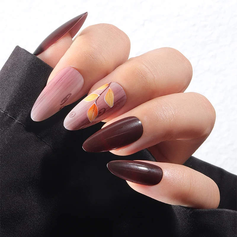 Leaf Print Press On Nails with Jelly Double Sided Nail Adhesives 24 pcs