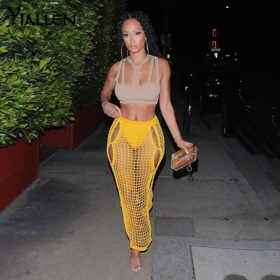 Yiallen Summer Yellow Openwork weaving Long Skirt 2021 New Women Sexy Chic Maxi Skirt Casual Streetwear Club Party Y2k Outfits
