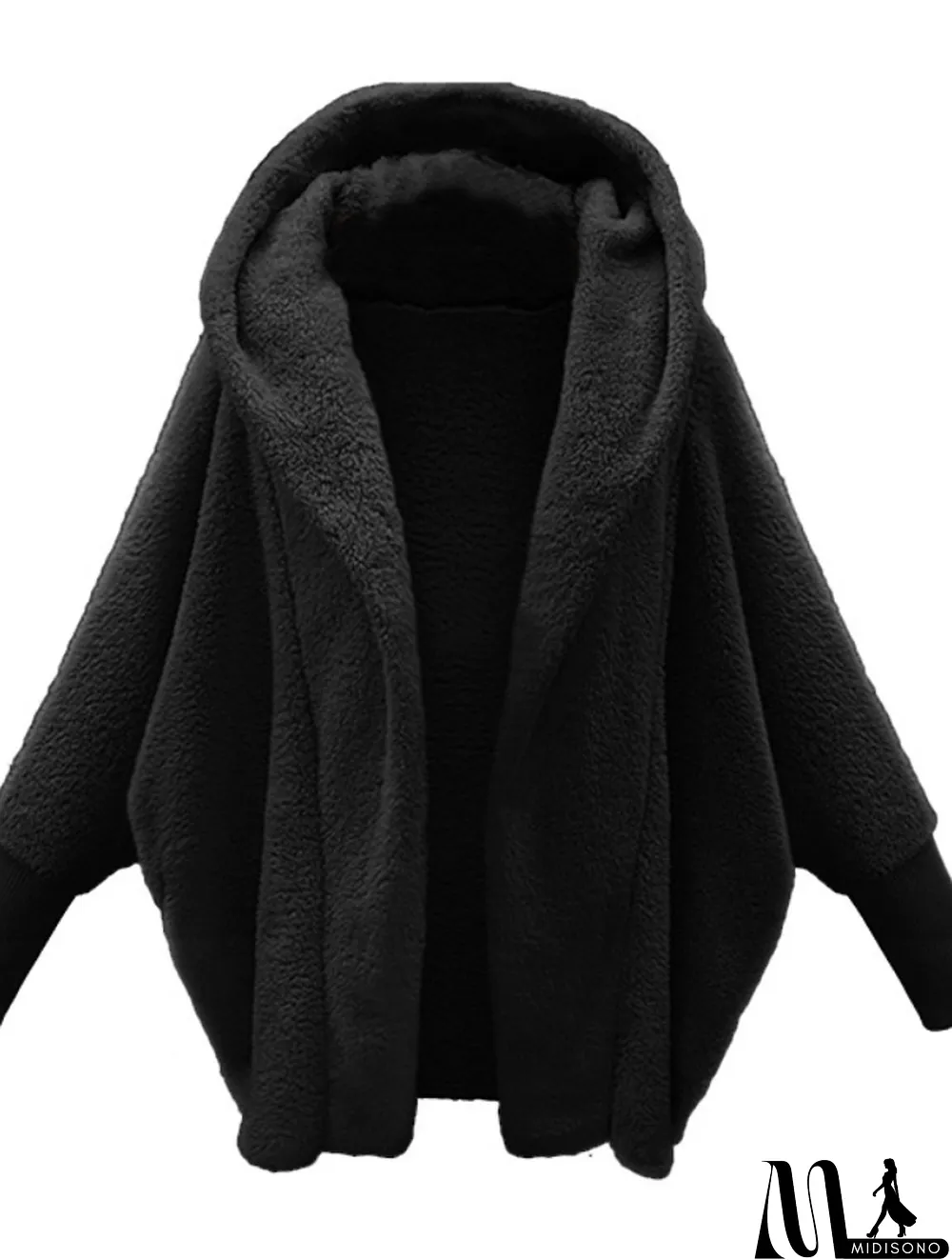 MidiSono - Winter Casual Black Fleece Long Sleeve With Hood Long Jacket