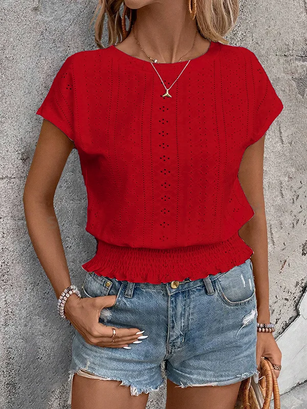 Elasticity Hollow Jacquard Solid Color Loose Short Sleeves Round-Neck T-Shirts Tops