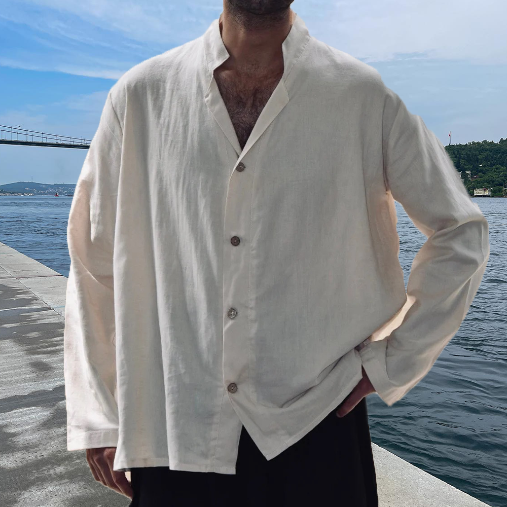 Men's Casual Cotton Linen Long Sleeve Shirt