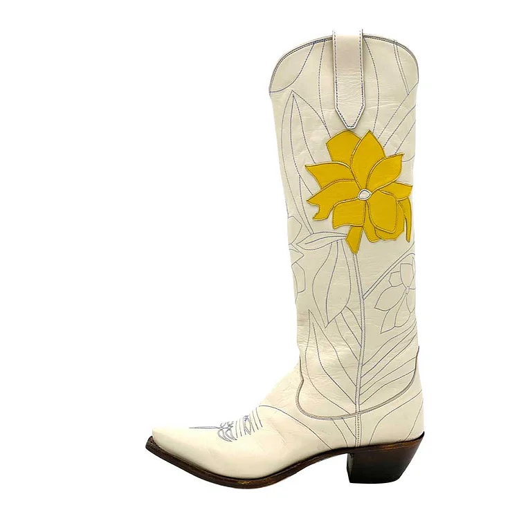 Beige Pointed Toe Yellow Floral Stitching Chunky Heel Knee High Boots |FSJ Shoes