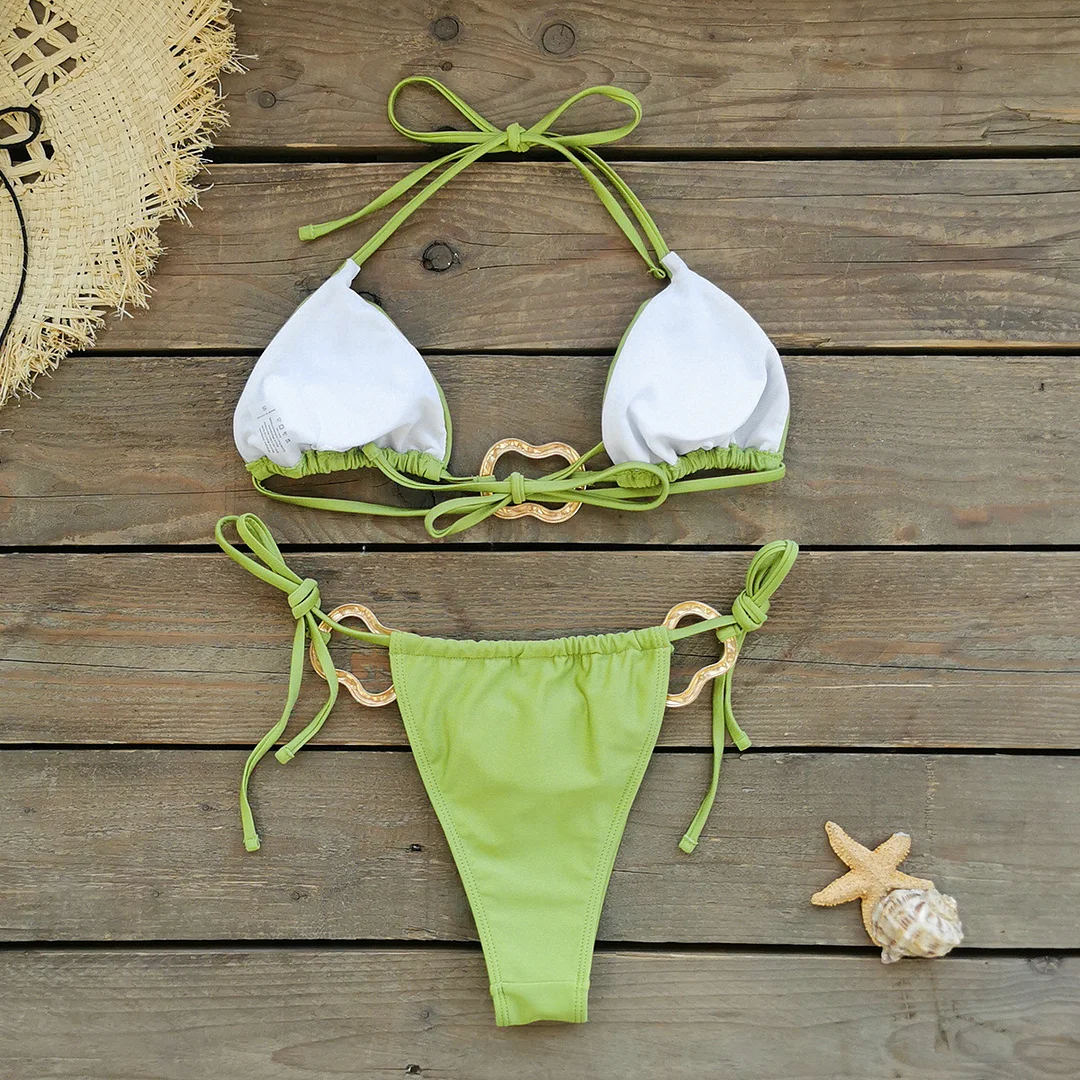 Uveng Small Fresh Solid Three-Point Bikini Sexy Dew-Back With Split Swimsuit Woman 2025 New Swimsuit