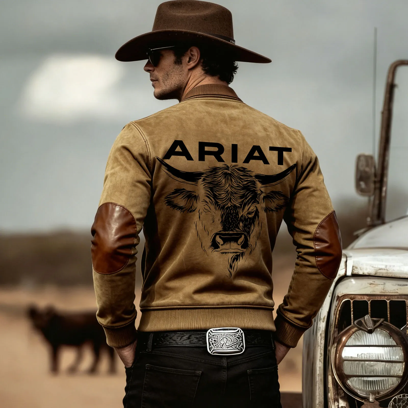 Western-Inspired Bull Graphic Bomber Jacket With Leather Elbow Patches