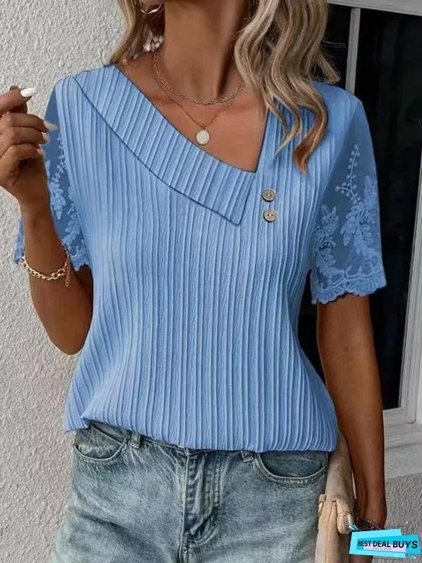 Slant Collar Solid Color Lace Sleeves Short Sleeve T-shirt
