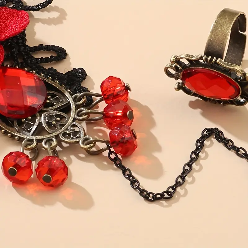 vintage halloween red rose design bracelet ring integrated mitten bracelet party decoration accessories details 4
