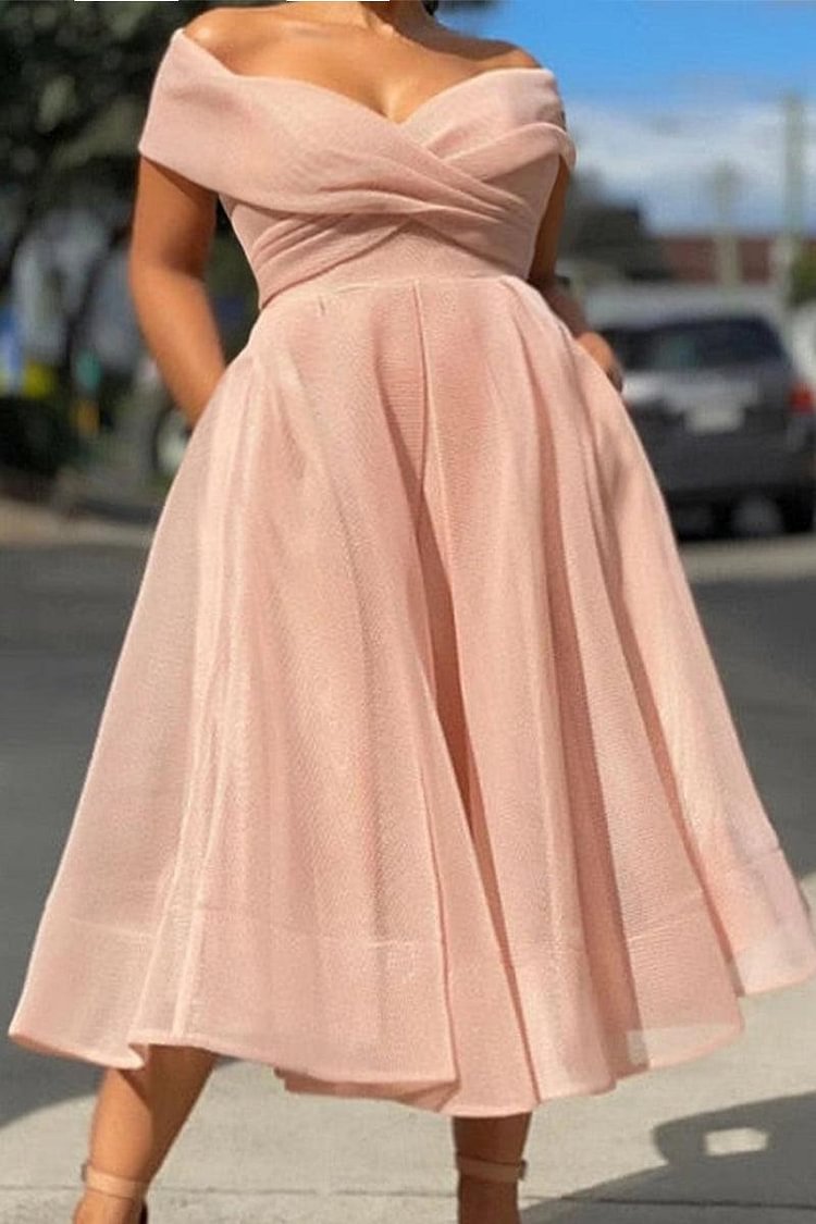 Xpluswear Plus Size Pink Elegant Off The Shoulder A Line Tulle Midi Dresses