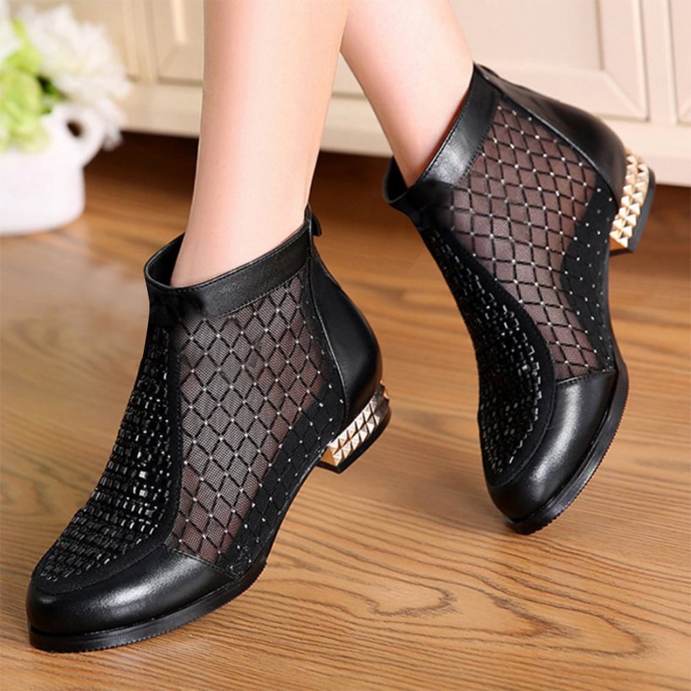 Black Pointed Toe Hallow Leather Boots With Chunky Low Heel Ankle Boots Nicepairs