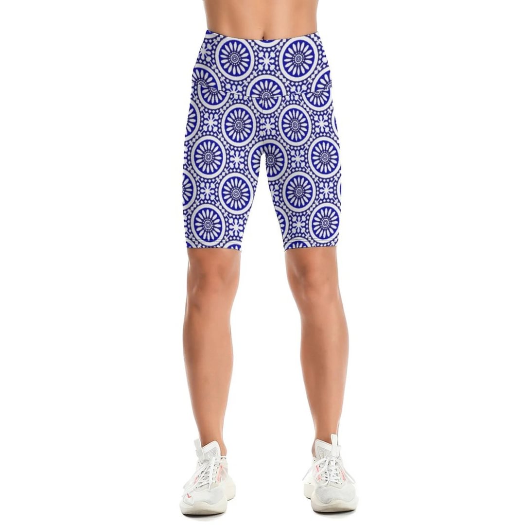 Blue Porcelain Knee-Length Yoga Shorts 8" High Waist Tummy Control Workout Yoga Running Compression Exercise Shorts